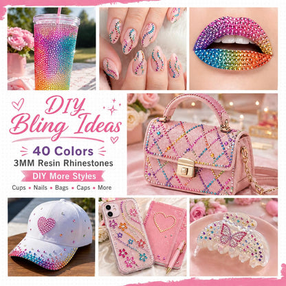 40000 PCS 40 Colors Rhinestones for Bedazzling, 3mm Flatback Resin Gems, Bedazzler Kit with Rhinestones and Tools, 3Pcs B7000 Jewelry Glue, Bedazzling Kit for Nails Clothes Shoes Books Crafts