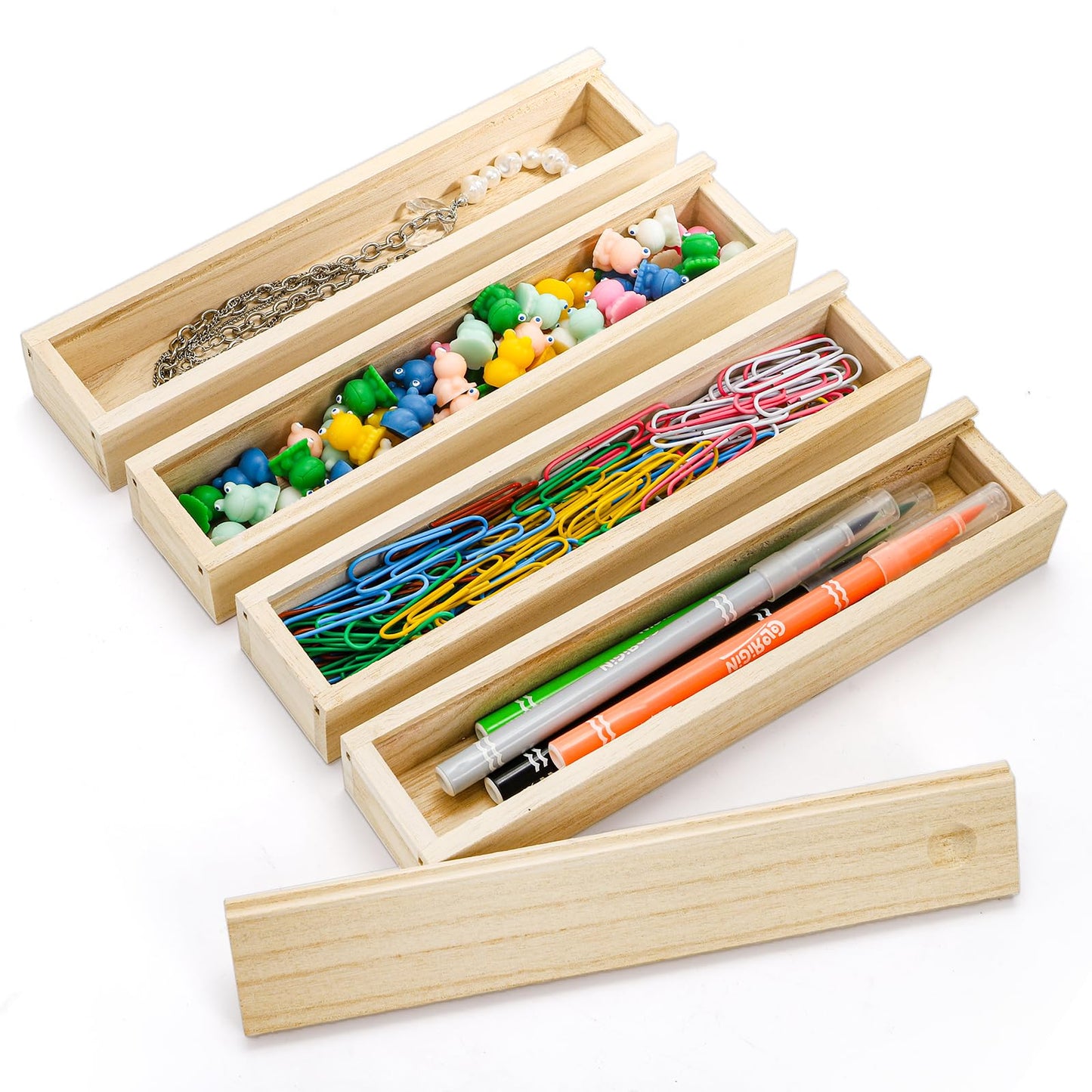 yarlung 16 Pack Unfinished Wood Box with Sliding Lid, Small Narrow Pencil Box Rectangular Gift Boxes for Art Hobbies, DIY Craft, Jewelry Necklace Storage