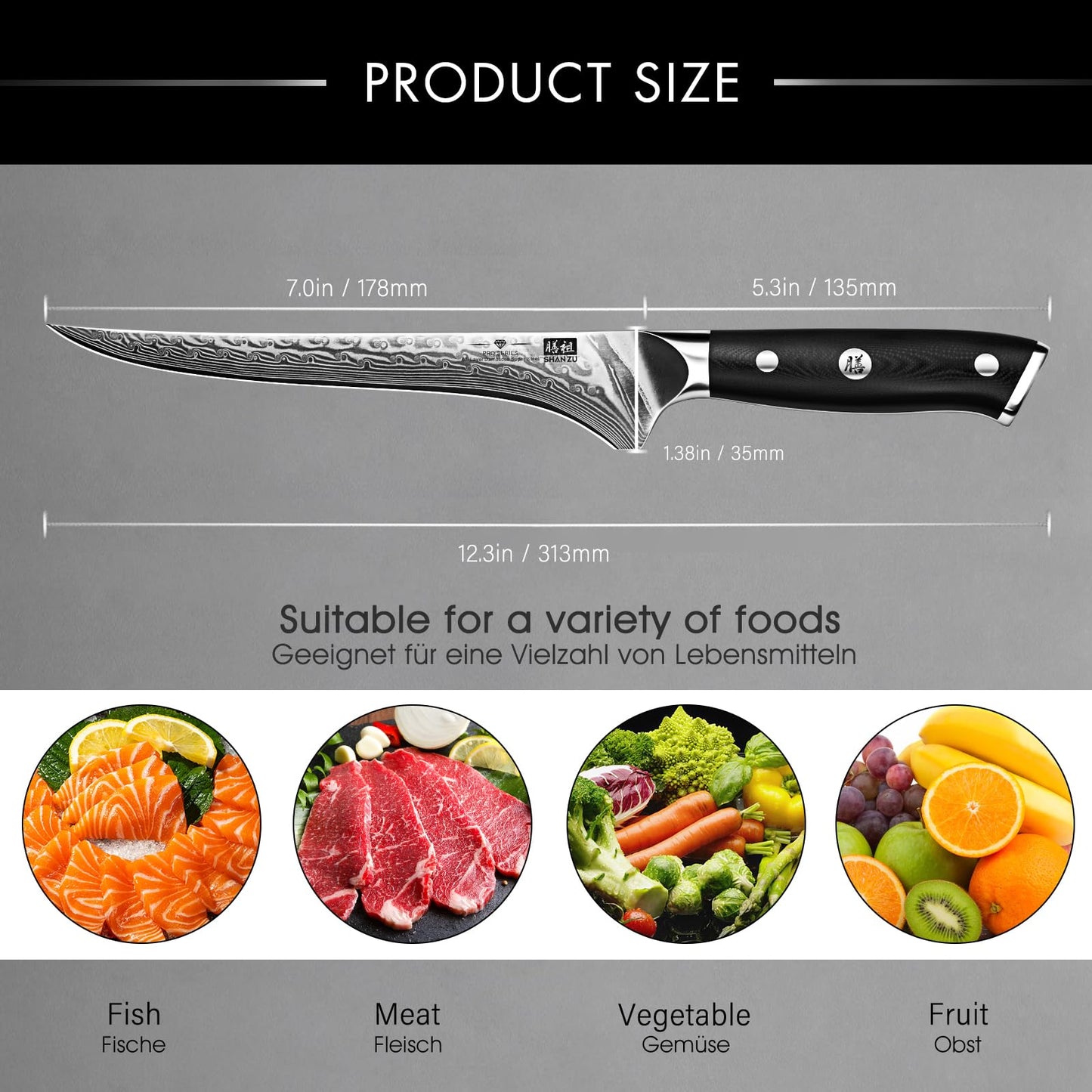 SHAN ZU 7 Inch Fillet Knife, Japanese Steel Damascus Boning Knife, Professional Sharp High Carbon Super Steel Kitchen Utility Knife with Ergonomic G10 Glass Fiber Handle