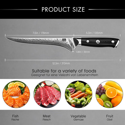SHAN ZU 7 Inch Fillet Knife, Japanese Steel Damascus Boning Knife, Professional Sharp High Carbon Super Steel Kitchen Utility Knife with Ergonomic G10 Glass Fiber Handle