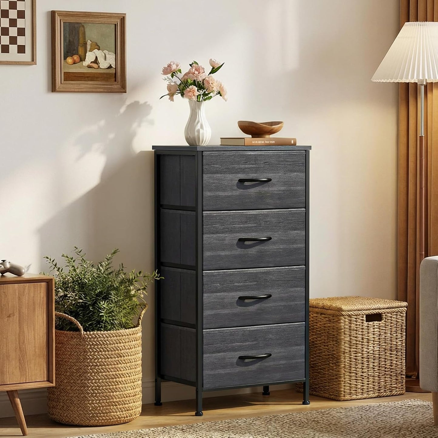 4 Closet,Entryway,Dorm,Black Sweetcrispy Nightstand Small Bedroom Dresser with Fabric Drawers,Bed Side Furniture End