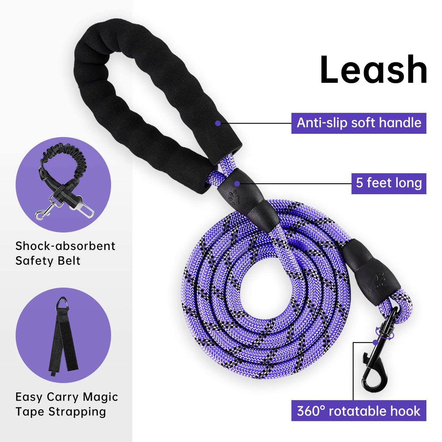 IVY&LANE No Pull Dog Harness for Medium Dogs, Dog Vest Harness with Leash, Safety Belt and Storage Strap, Fully Adjustable Harness, 360° Reflective Strip, Soft Handle (Purple, M)
