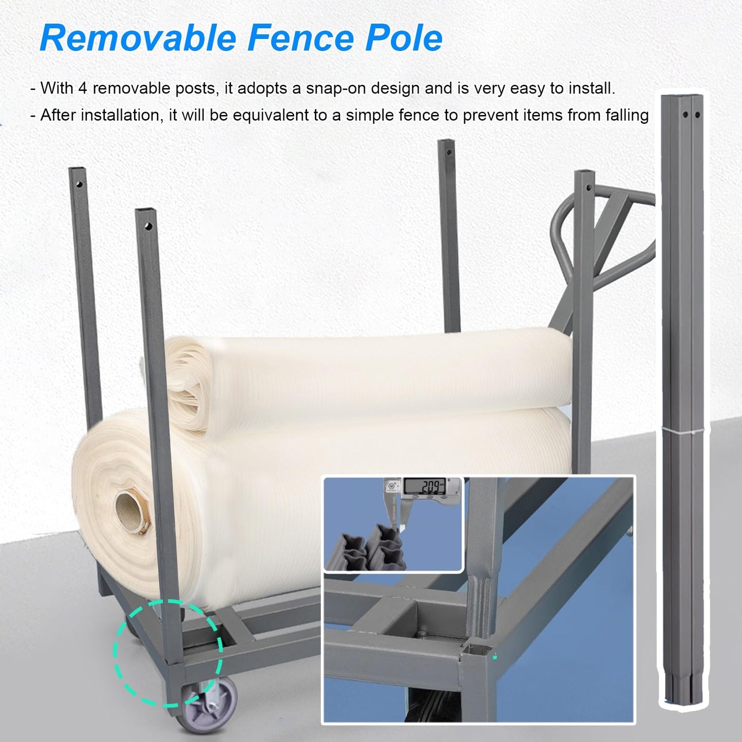 Heavy Duty Folding Platform Trolley with Removable Armrest and Fence Pole, Commercial Cloth Pulling Cart for Warehouse Factory Workshop, Easy Installation