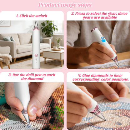 Electric Diamond Painting Pen, Cordless Vacuum Diamond Art Pen Low-Noise, Wax-Free, 3-Speed Adjustable, Rechargeable, Lightweight, Extra Tips - DIY Diamond Art Accessories Pens for Crafts Lovers