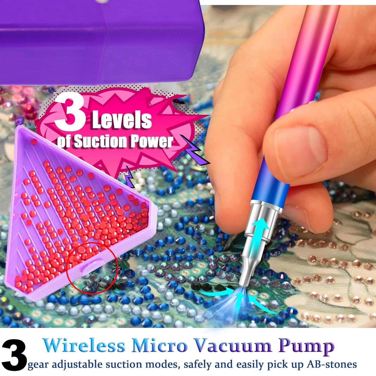 Diamond Art Painting Vacuum Pen Kit, Electric Diamond Art Pen with Screw Multiplacers, Roller, Storage Tray, No Wax Needed Diamond Art Accessories DIY 5D Art Craft Jewelry Bead Rhinestones (Pink)