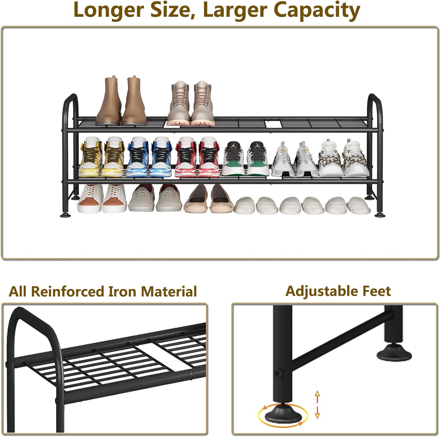 2 Closet LINZINAR Shoe Rack Tier Storage Organizer for Entryway Metal Black