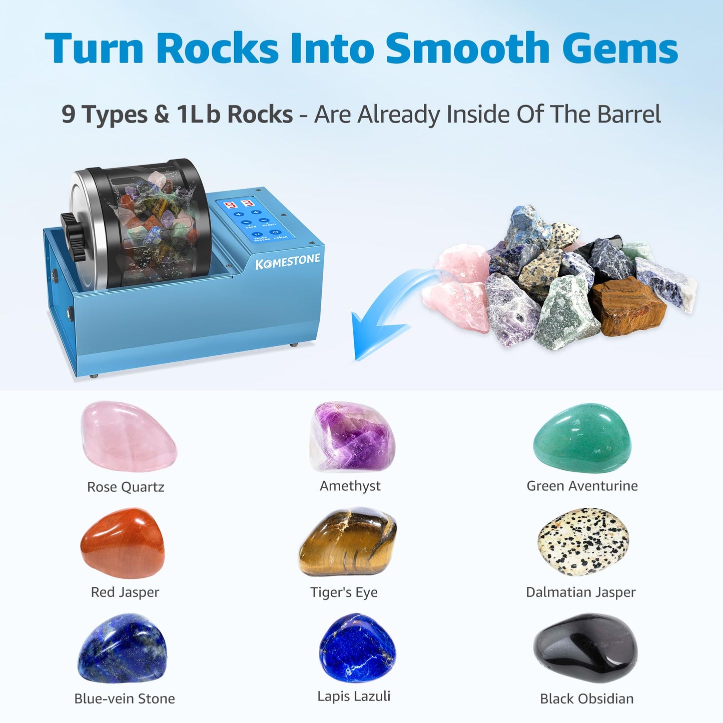 Rock Tumbler Kit for Adults – 4LB Large Capacity Brushless Rock Polisher with Reinforced Metal Base, 3 Speeds & 9-Day Timer, Auto Shutoff & Memory Function, Complete Kit for Hobbyists & Collectors