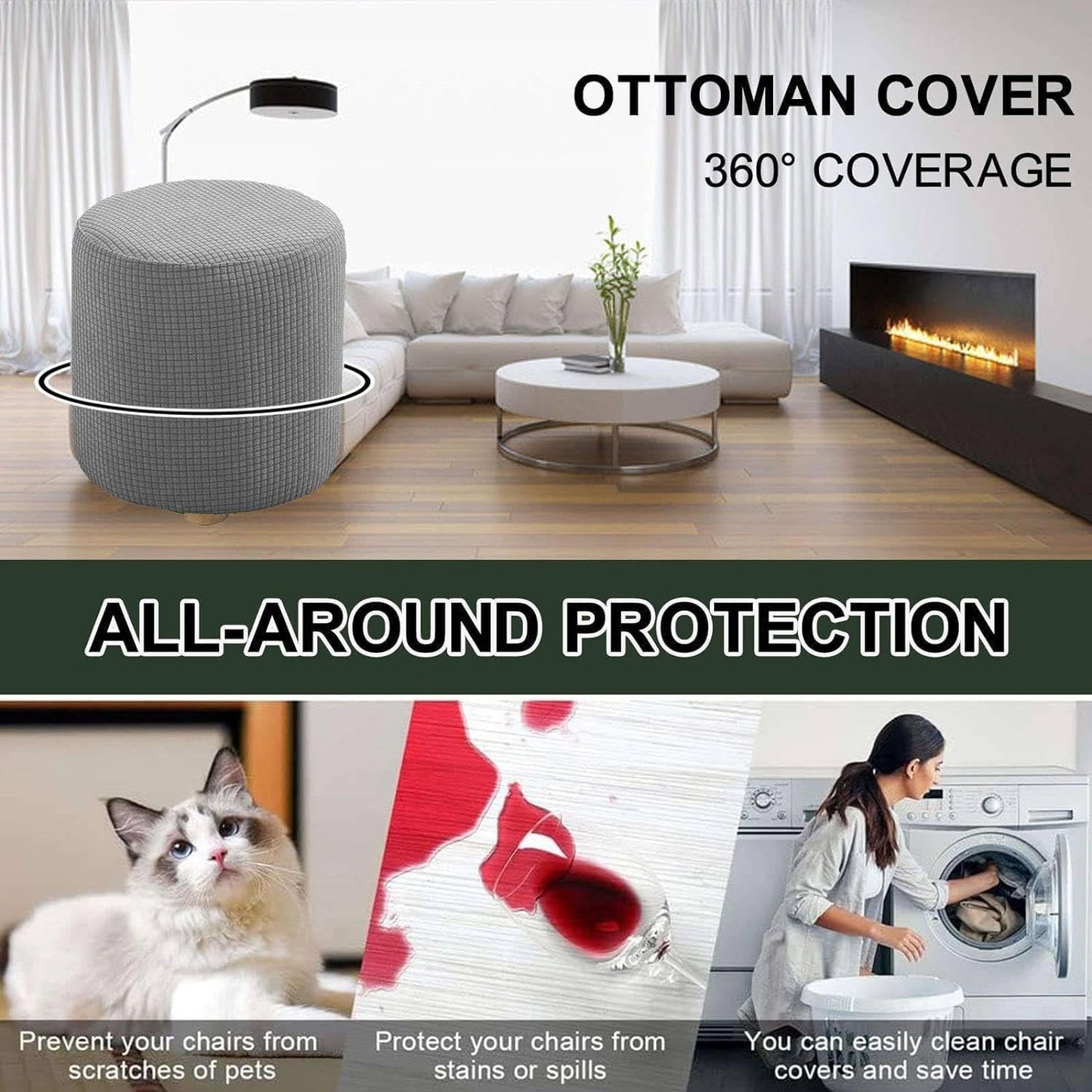 HYGPP Washable(C,20x20IN) Round Ottoman Slipcover Cover Outdoor Small/Large Footstool Protector Covers Stool Ottoman