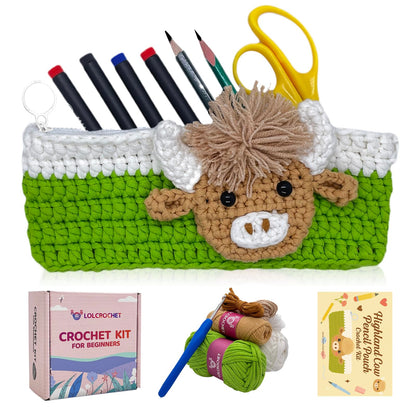 Highland Cow Crochet Kit for Beginners, Learn to Crochet Pencil Bag Starter Set with Video Tutorial & Crocheting Manual, Easy Yarn Knitting Kit for Adult, DIY Amigurumi Birthday Xmas Gift Idea