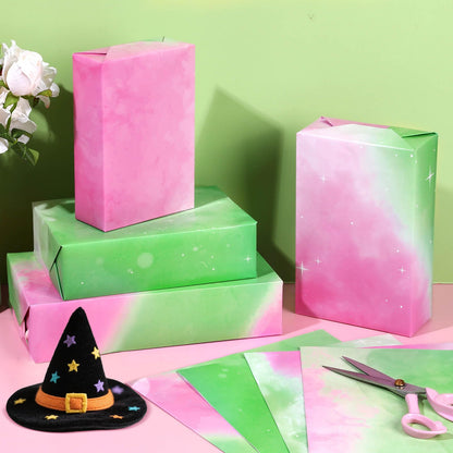 Pineraap 12 Sheets Pink and Green Wrapping Paper, Gradient Gift Wrap Paper Watercolor Gift Packing Paper for Girls Women Witch Themed Birthday Party DIY Crafts, 19.7 x 27.6 Inch