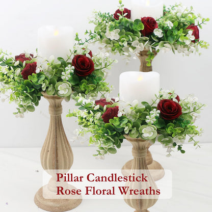 Acmee 4 Pcs Rose Floral Candle Rings Artificial Burgundy Flowers Wreaths with Green Eucalyptus Leaves Rose Candle Rings for Pillar Wedding Farmhouse Centerpiece Home Decor