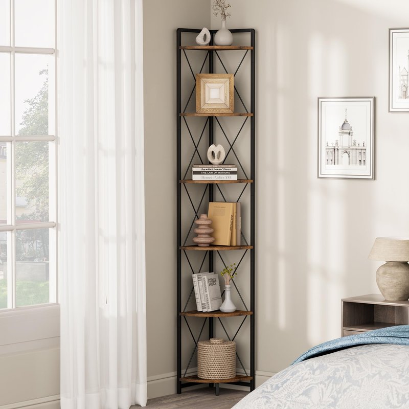 Cerlyunzan 6 Tier Corner Shelf Stand, 78" H Tall Industrial Corner Bookshelf for Living Room Decor, Metal Corner Shelf, Plant Stand Display Shelf for Bedroom, Bathroom, Small Space, Rustic Brown