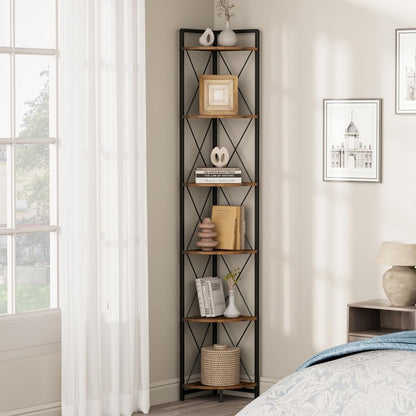 Cerlyunzan 6 Tier Corner Shelf Stand, 78" H Tall Industrial Corner Bookshelf for Living Room Decor, Metal Corner Shelf, Plant Stand Display Shelf for Bedroom, Bathroom, Small Space, Rustic Brown