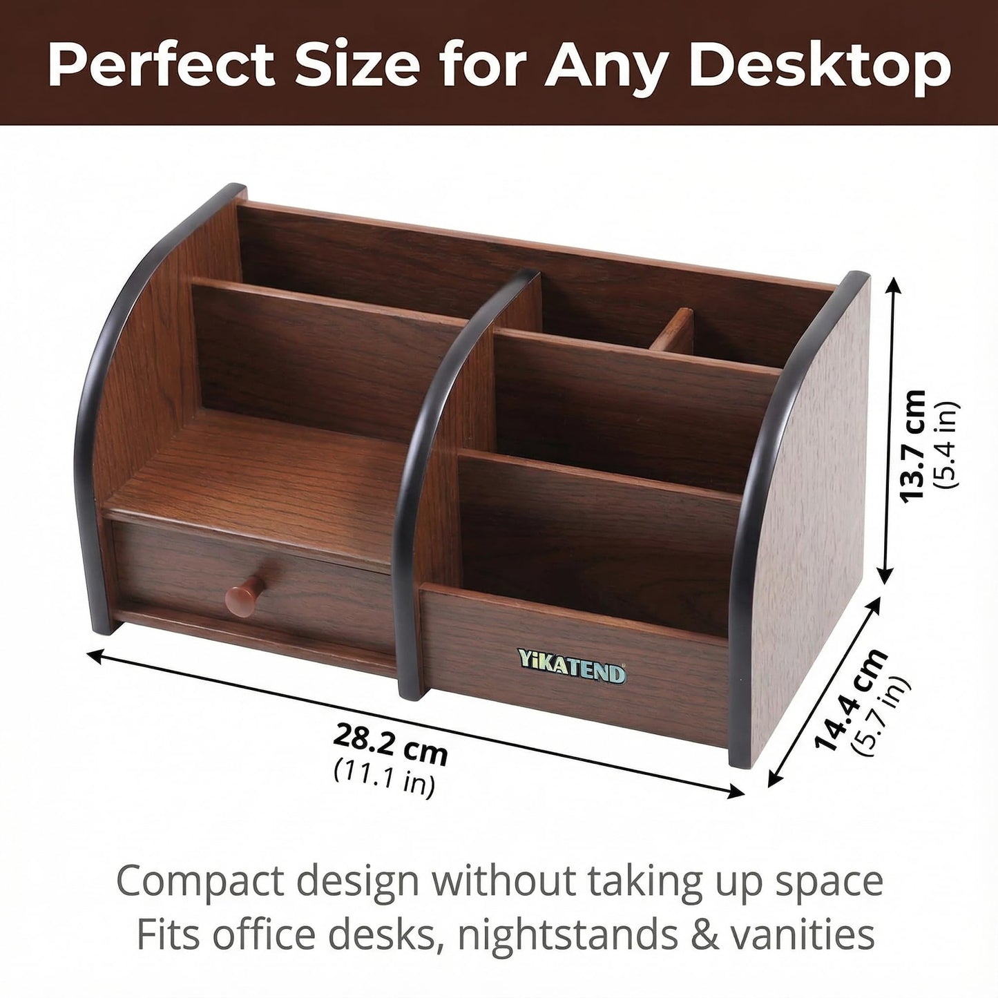 YIKATEND Wooden Desk Organizer with Drawer, Multi-Compartment Desktop Storage for Office Supplies, Remote Control, Phone, Makeup & Accessories