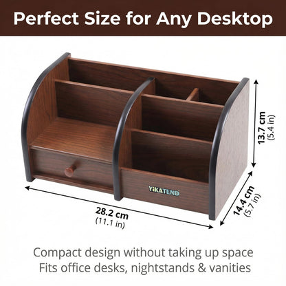 YIKATEND Wooden Desk Organizer with Drawer, Multi-Compartment Desktop Storage for Office Supplies, Remote Control, Phone, Makeup & Accessories