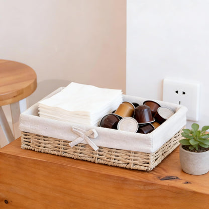 Shallow Storage Baskets for Shelves, Set of 4 Lined Wicker Baskets for Organizing, Khaki Paper Rope Shelf Storage Bins for Pantry, Closet, Bathroom