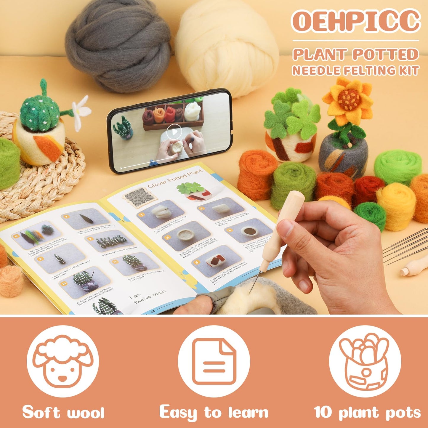OEHPICC Needle Felting Kit - 10 Pack Plant Pot Needle Felting Starter Kit, Felting Kits with Basic Felt Tools, Clear Instructions for Beginner Adult Craft Kit, DIY Craft Plant Decor Present