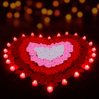 Honoson 1000 Pieces Artificial Rose Petals with 24 Pcs Flameless Heart Shaped LED Tealights Candles Special Romantic Night Decorations for Proposal Wedding Anniversary Table Decor(White with Red)