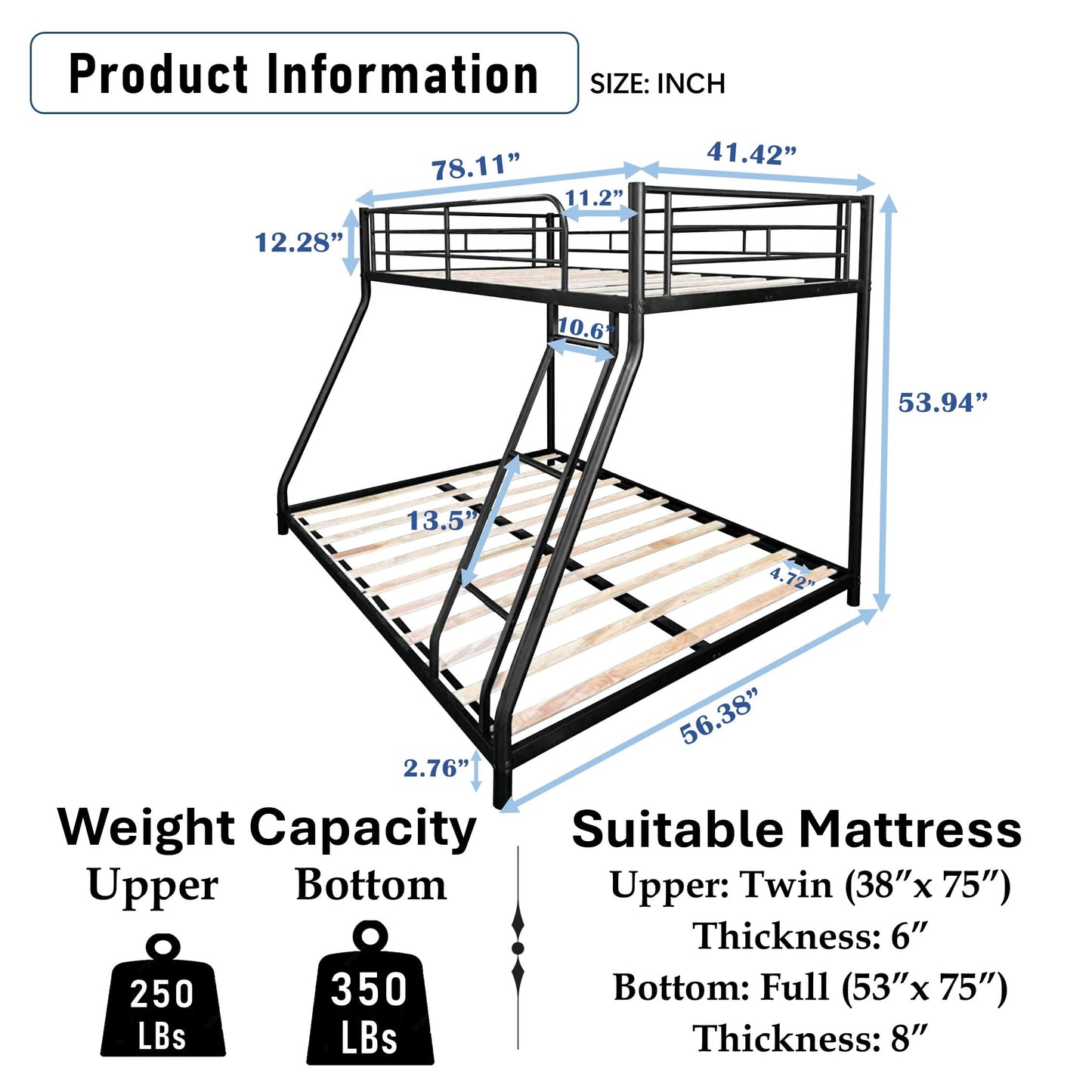 Bellemave Twin Over Full Bunk Bed with Wood Slat, Heavy Duty Metal Bunk Bed Frame for Adults, Adult bunk beds, Black
