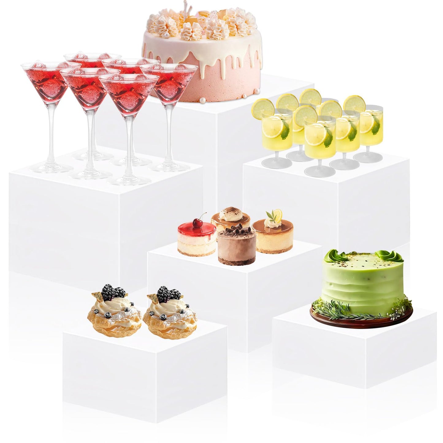 MIVIDE 6 Pack Buffet Risers, White Food Risers for Buffet Table, Food Display Risers for Party, Acrylic Cube Display Nesting Risers with Hollow Bottoms for Catering Dessert Collectibles Jewelry (Size 5",6",7",8",9",10")