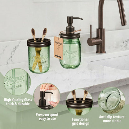 SheeChung Green Bathroom Accessories Set, 6Pcs Mason Jar Glass Bathroom Set, Lotion Soap Dispenser, Toothbrush Holder, Qtip Holder, Soap Dish, Metal Wire Basket, Rustic Farmhouse Bathroom Decor-Bronze