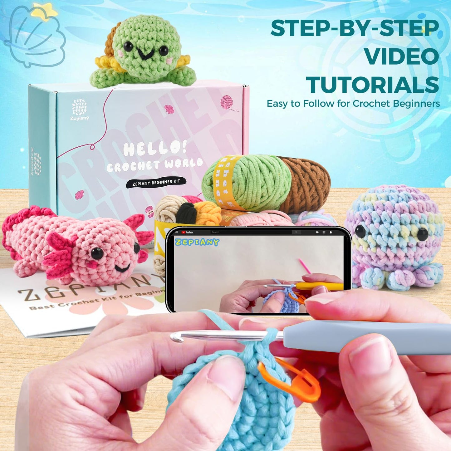Crochet Kit for Beginners, 5 Pack Amigurumi Beginner Crochet Kits Animals, Crochet Turtle Axolotl Octopus Crocheting Kit, Easy Knitting Kit for Beginners with Step-by-Step Video Craft Kits for Adults
