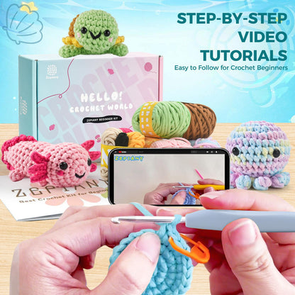 Crochet Kit for Beginners, 5 Pack Amigurumi Beginner Crochet Kits Animals, Crochet Turtle Axolotl Octopus Crocheting Kit, Easy Knitting Kit for Beginners with Step-by-Step Video Craft Kits for Adults