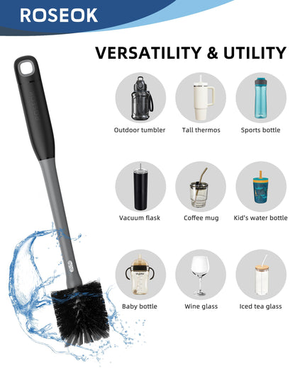 ROSEOK 2 in 1 Long Handle Bottle Brush with Straw Brush for Cleaning Glass, Sports Bottle, Coffee Mug, Black, 1 Pack