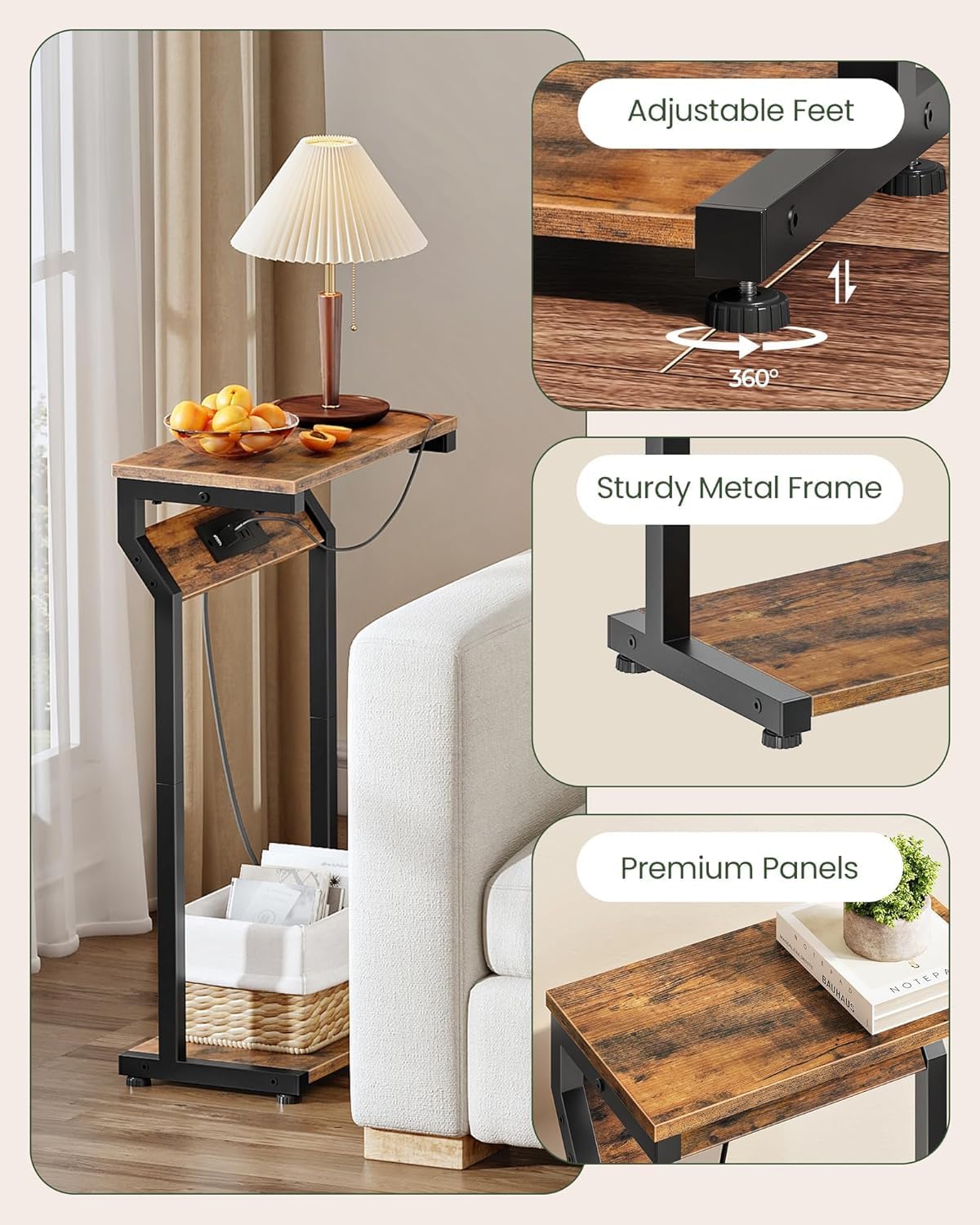 27" TBZ27UBF CHOEZON Narrow Side Table with Charging Station, Skinny End Table for Small Spaces, Couch Table