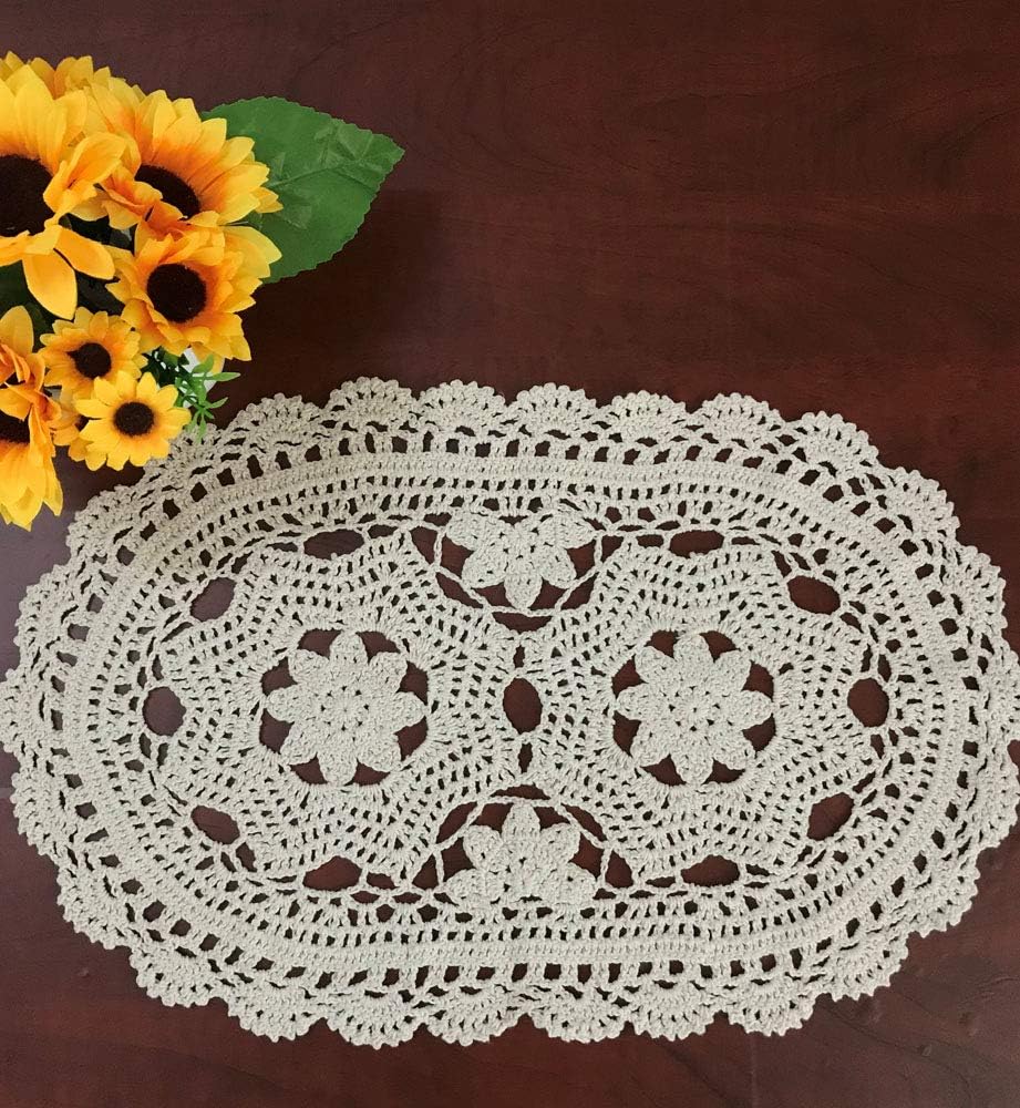 Hetao 11X19 Inch 100% Doilies-2pc Cotton Handmade Lace Crochet Oval Table mats Placemats Doily Beige