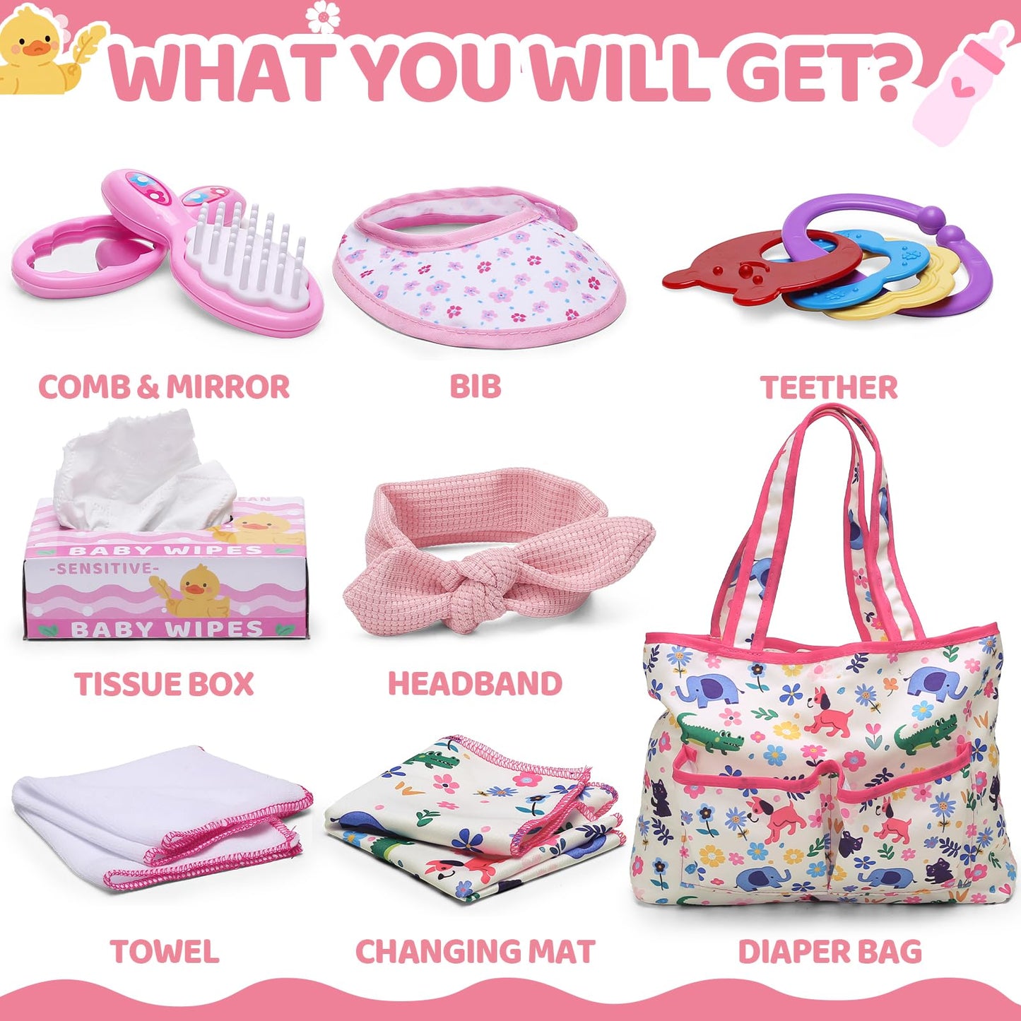 Baby Doll Accessories Set in Gift Box, 16 Pack Baby Doll Feeding Caring Kit with Pacifiers & Diaper Bag & Magic Bottles, Birthday / Christmas Party Goody Bag Stuffer, Toddler Kid Girl Pretend Play Toy