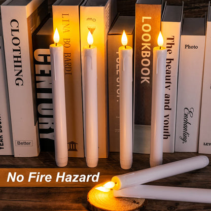 Homemory 12 Pcs Plastic Flameless Taper Candles with Remote Timer Dimmer, White Taper Candles Battery Operated with Flickering Flame Light Lifelike Led Candlesticks for Indoor Decoration 9.6 Inches