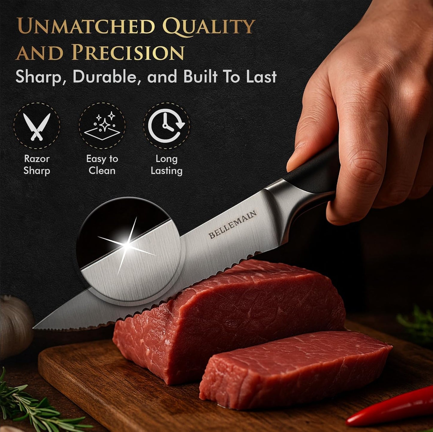 Bellemain Premium Steak Knives Set of 6, Kitchen Knife Sets with Steel Blades for Precise Cutting, Lightweight Steak Knife Set Stainless Steel & Durable, Serrated Steak Knives Dishwasher Safe