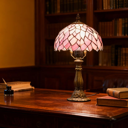 MOAN Small Lamp Stained Glass Table Lamp 8X14.5 Inch Bedside Reading Light Antique Light Desk Lamp(Pink Wisteria Style)