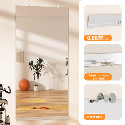 Hasipu Home Gym Mirror, 72"x36" Each, 1-Pack Frameless Wall Mounted Mirrors with Glass Clamps & 1 Aluminum Rail, Large Body Mirror for Home Gym, Yoga Studio, Bedroom, Silver Tempered Glass