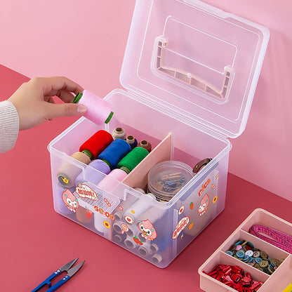 FOREVERIE Small Portable Plastic Storage Box for Beauty Ornaments Hair Nail Accessories, Cosmetic Case with Handle & Removable Tray & a Divider, Sewing Box Organizer, Kids Art Box (Clear & Pink)