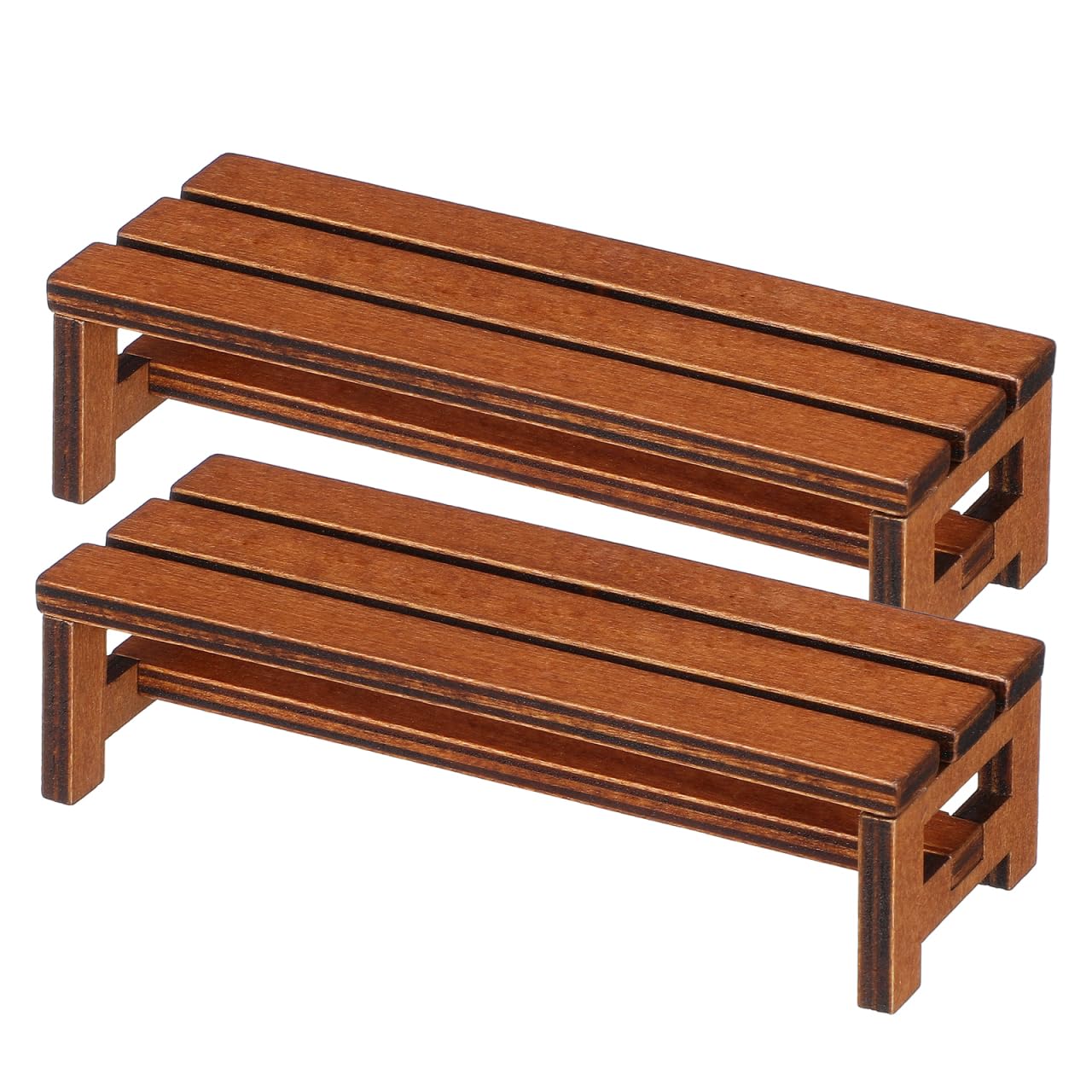 ibasenice 2Pcs Miniature Dollhouse Bench Set - 1:12 Scale Wooden Park Chair Furniture Accessories, Tiny Brown Garden Benches for Fairy Gardens, Christmas Village, Crafts, and Photography Props