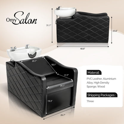 OmySalon Shampoo Bowl and Chair Set for Salon, Hair Washing Station with Ceramic Shampoo Sink, UPC Certificated Vacuum Breaker, Neck Rest, Backwash Shampoo Unit for Barbershop Beauty Spa