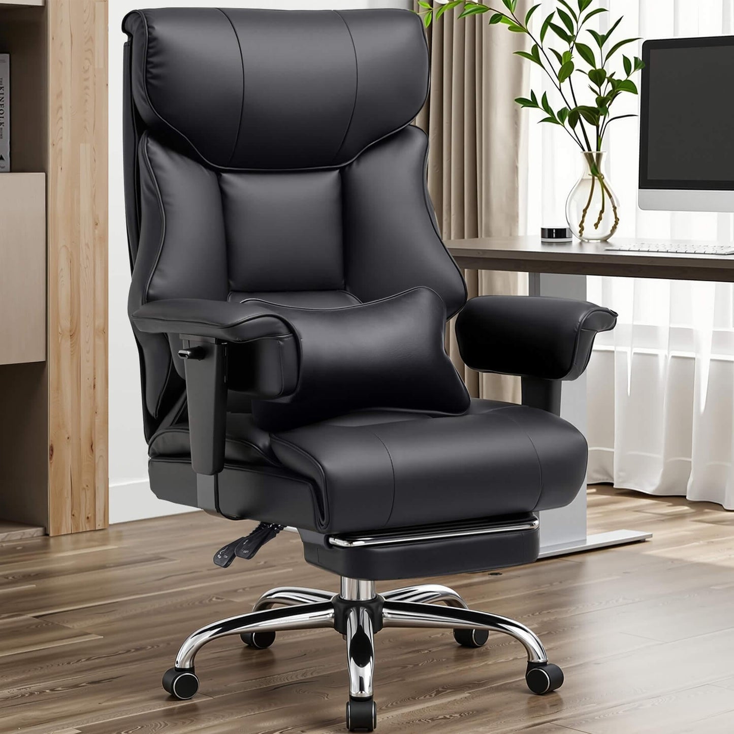 COMHOMA Big and Tall Office Chair 400lbs High Back Computer Gaming Chair with Ergonomic Lumbar Support & Pocket Spring Cushion for Lower Back Pain Relief, Leather Executive Chair with Foot Rest, Black