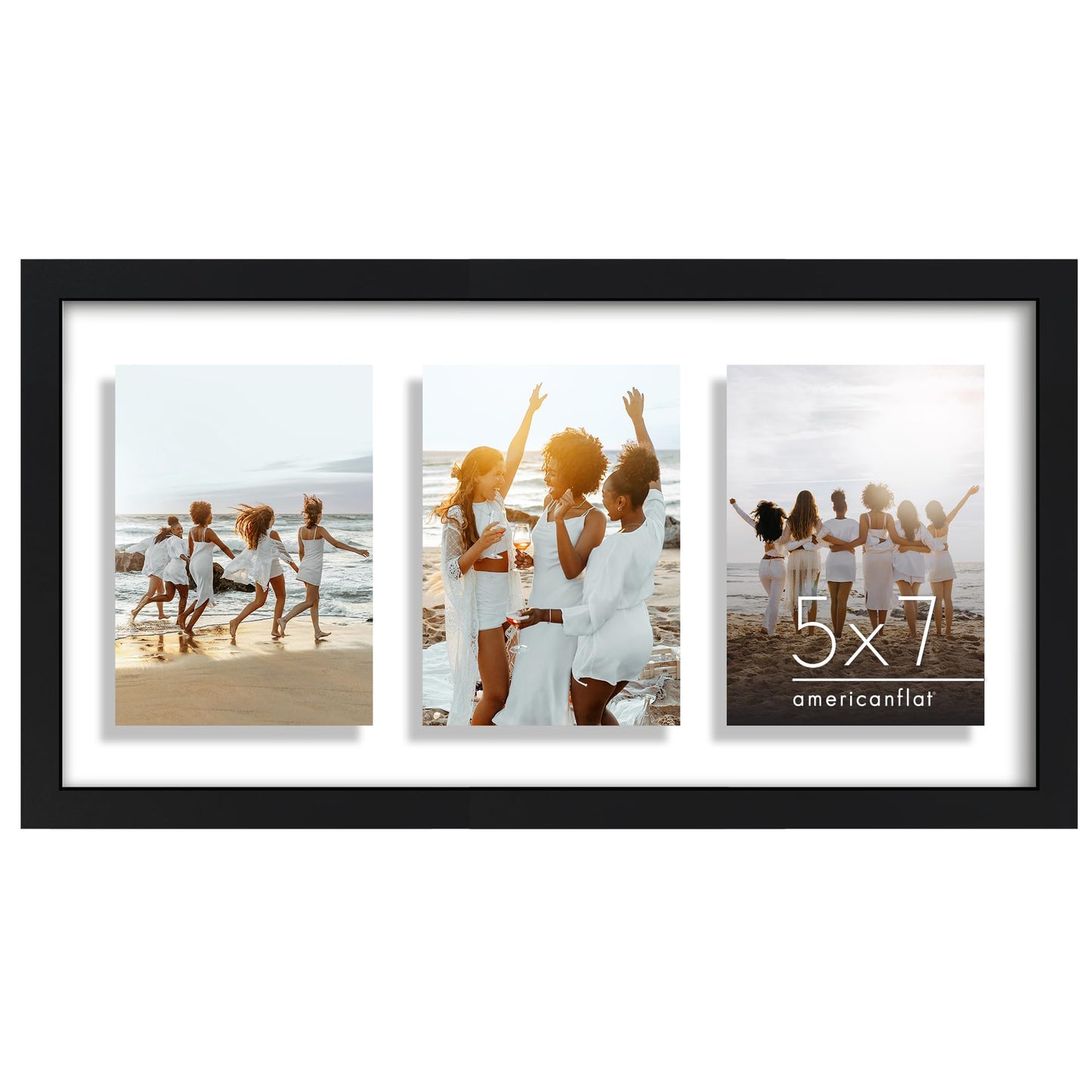 Americanflat 5x7 Picture Frame Collage with Shatter-Resistant Glass - Fits Three 5x7 Photos or use as One 10x20 Picture Frame - Signature Collection - Collage Frames with Floating Effect - Black