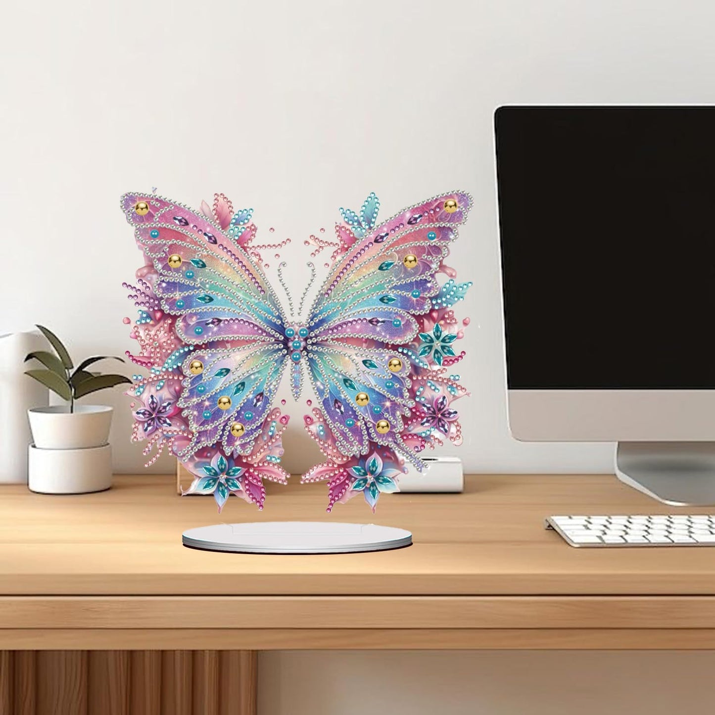 ACSAUMMY 5D Diamond Art Kits for Adults, Diamond Art Painting Desktop DIY Diamond Art Tabletop Pink Butterfly Diamond Arts and Crafts for Kids Adults Stand Up Gem Painting Kit for Decoration