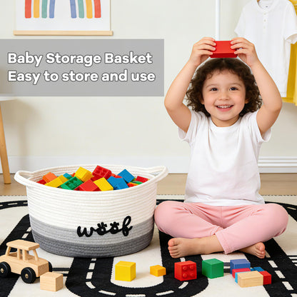 JEROKUMI Dog Toy Basket Cute Basket for Baby, Woven Basket Toy Box and Bin for Pet Cat, 15" X 10" X 9" (22L) Large Rope Basket for Blanket Storage, Living Room, Bedroom, White Gray