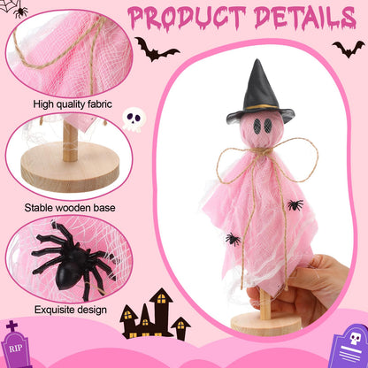Kathfly 5 Pcs Halloween Ghost Decorations Indoor Primitive Halloween Ghosts with Witch Hat Wooden Stand Pink Ghost Wooden Centerpieces for Home Office Table Tiered Tray Mantel Party Decor
