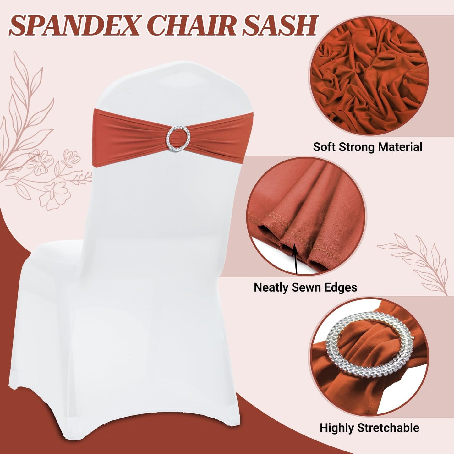MDS Premium Spandex Chair Sashes - Stretch Chair Cover Bands with Buckle Slider | Pack of 50 - Terracotta