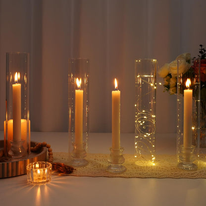Hurricane Glass Candle Holders 4Pcs Fluted Candlestick Holders for Taper Candles with Cylinder Covers Crystal Candle Sticks Holder Decor for Wedding Birthday Christmas Table Decoration