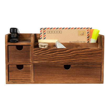 ExoLiry Deep Roast Wooden Desktop Organizer 3 Drawers Office Supplies Storage Caddy Box Stationery Pencil Mail Holder Note Pads Makeup Tools Cosmetics Dark Brown