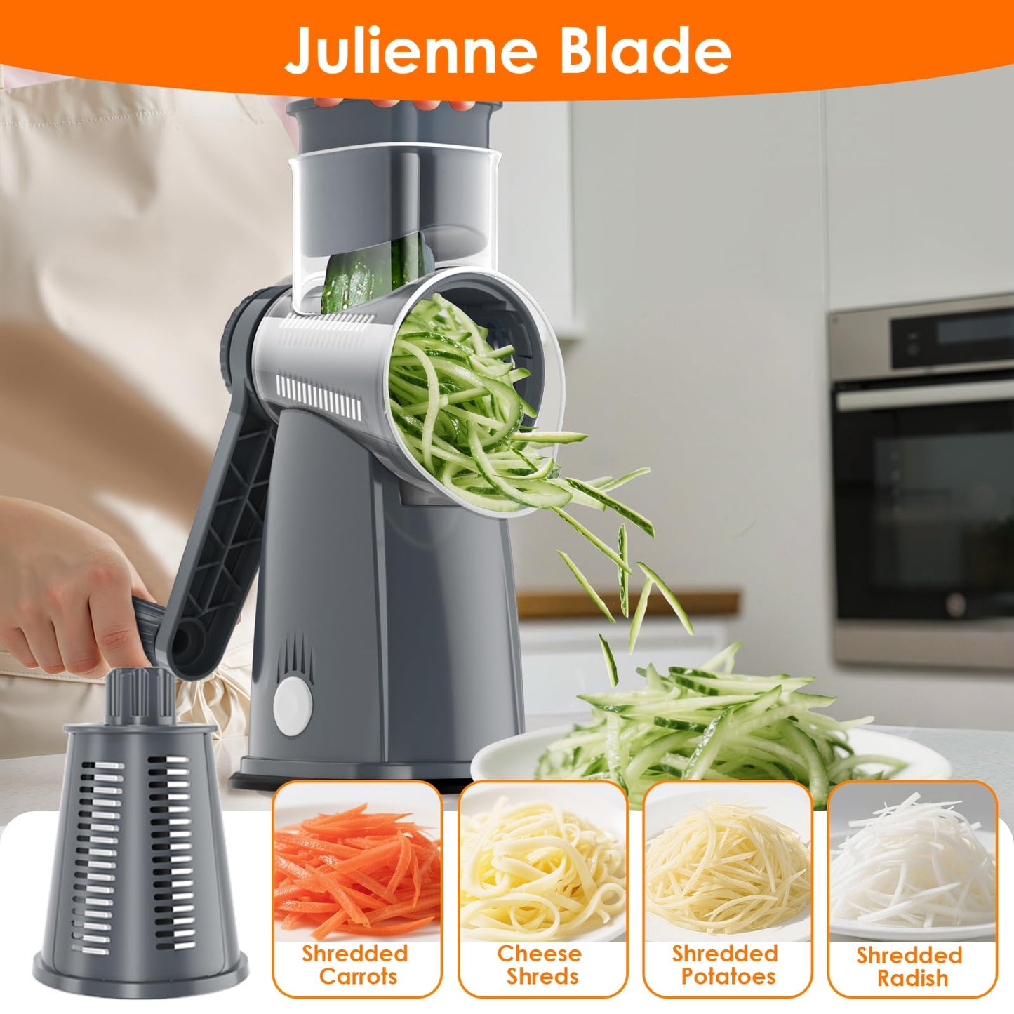 MealHelper 5 Blade Rotary Cheese Grater Hand Crank with Storage Box, Vegetable Chopper, Cheese Shredder for Cheeses, Veggies, Nuts - Easy to Use, Non-slip Suction Base, Gray