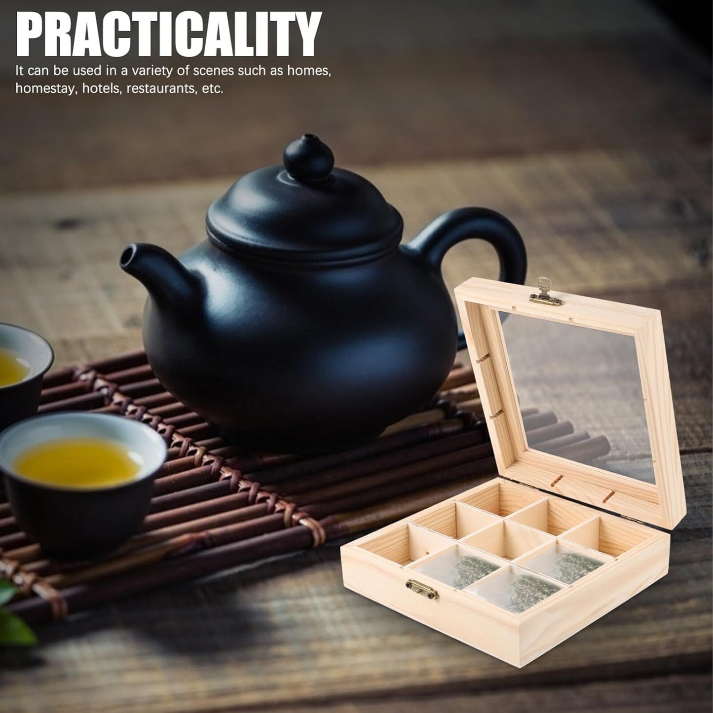 Ciieeo Wood Tea Storage Organizer with Clear Acrylic Top, 9 Compartments for Tea Bag Storage