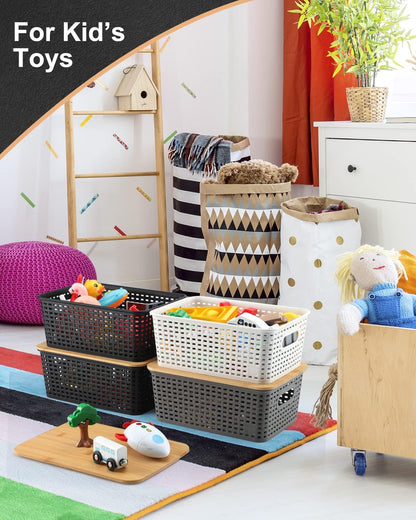 Storage Bins with Bamboo Lids - Set of 6 Lidded Plastic Baskets for Organizing Kitchen, Bedroom, Office, Closet