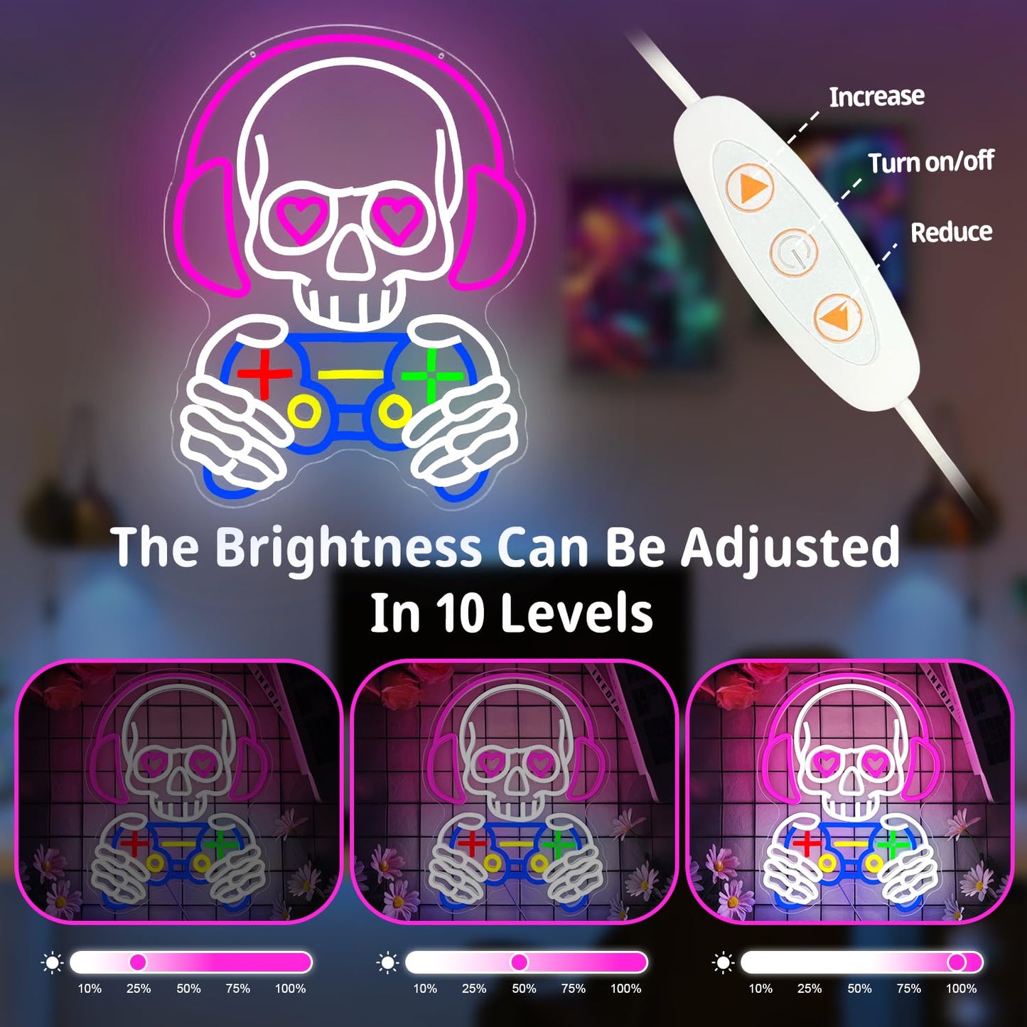 hhuohuona Skull Game Neon Sign Gaming Light Up Sign Dimmbale Skull Led Signs Skeleton Gamer Neon Lights for Man Cave Game Room Decor Gifts for Gamers Boys